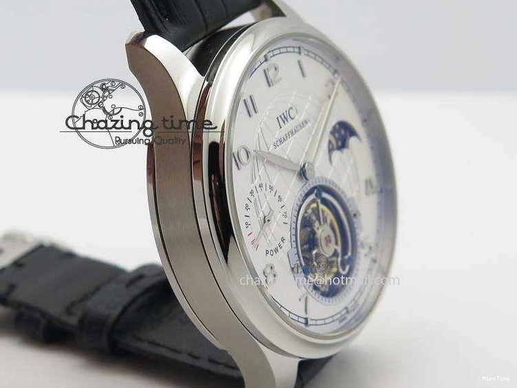 MIROTIME 0518 UrbanStyle Portuguese Tourbillon Power Reserve Moonphase SS White Dial On Black Leather Strap 7318